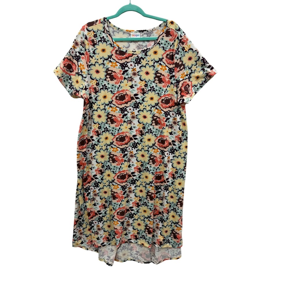 LuLaRoe Floral Short Sleeve T-Shirt Dress Multicolor 3XL Plus Size High-Low Hem